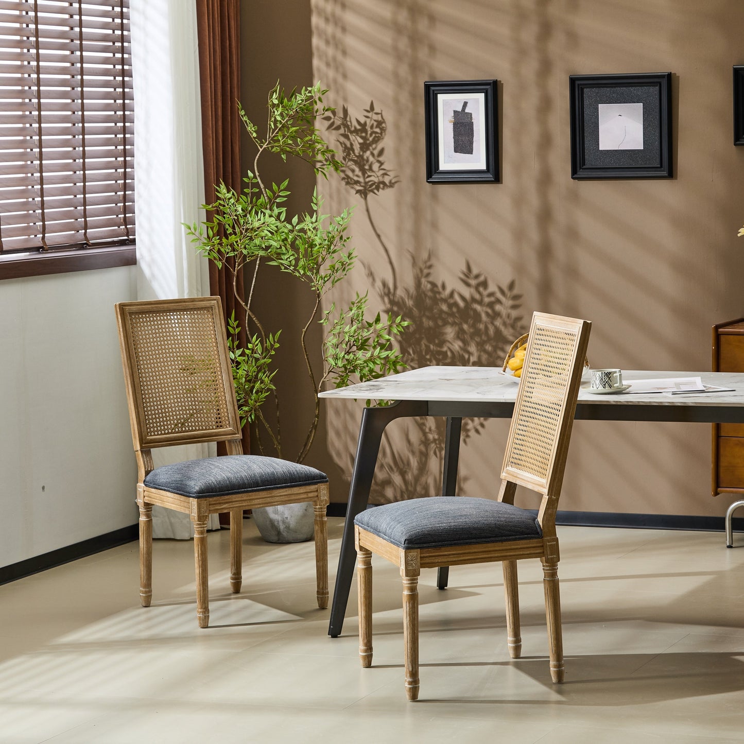 Vintage Inspired French Country Dining Chairs Set of 2 with Cane Backrest & Upholstered Seats in Rustic Weathered Finish