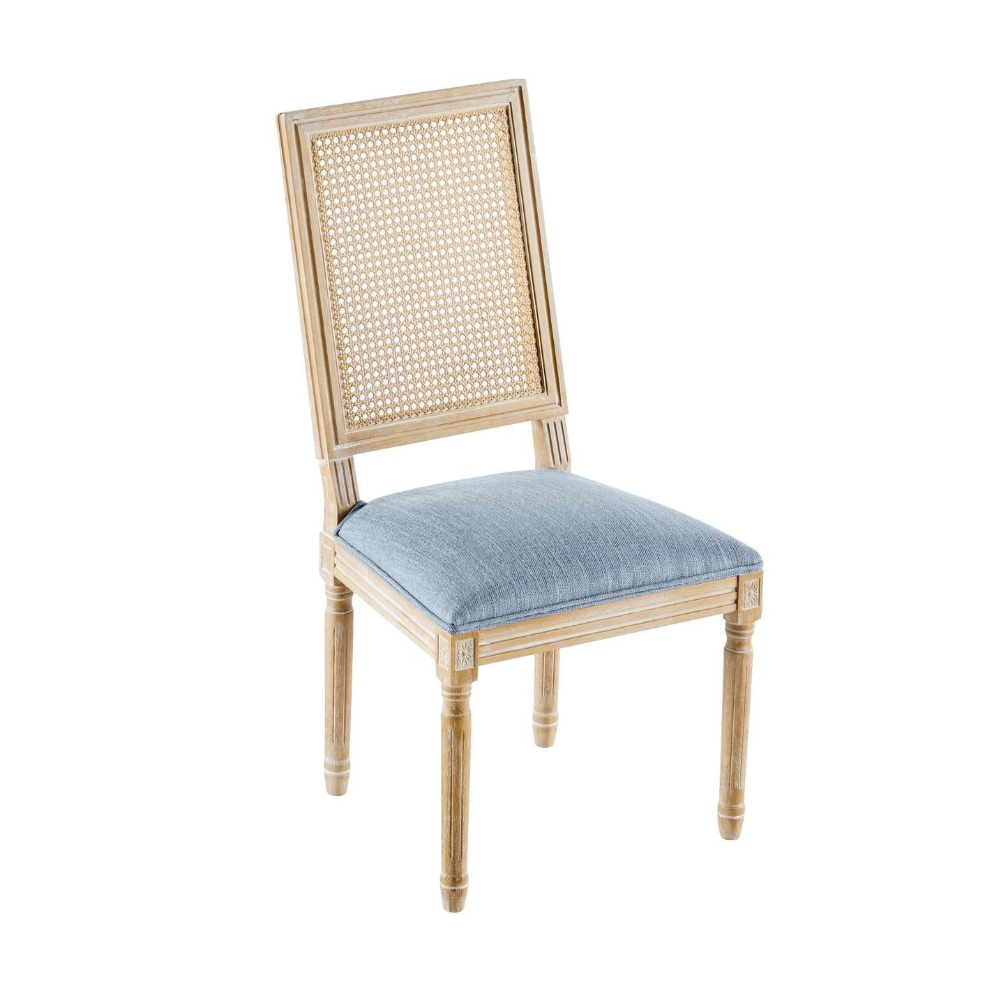 Vintage Inspired Set of 6 French Country Dining Chairs with Cane Backrest & Upholstered Seats in Rustic Weathered Finish