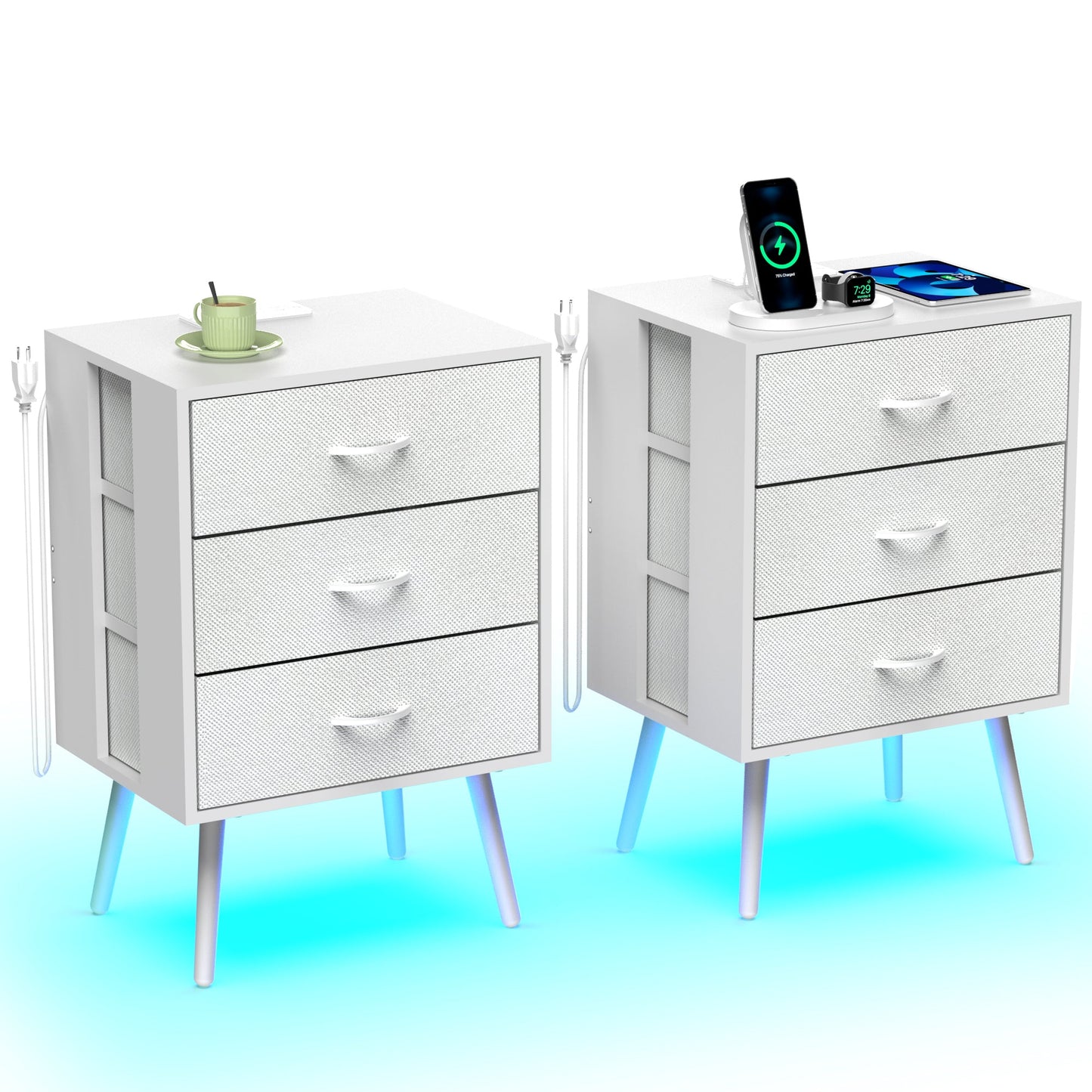 2 Pack Modern Nightstand with Charging Station, Bedside Tables with LED Light and Fabric Drawers