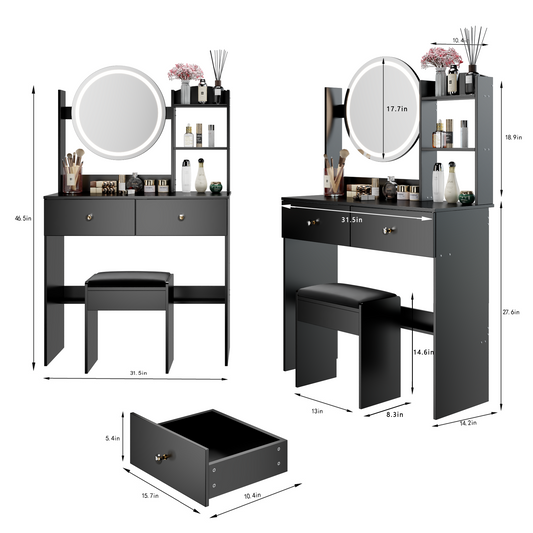 17' Round LED Mirror Vanity Table + Soft Cushion Stool Set, Large Mirror, Touch Switch, 3 colors, Adjustable Brightness, Large Desktop, Multi-layer High Capacity Storage, Suitable For Small Space