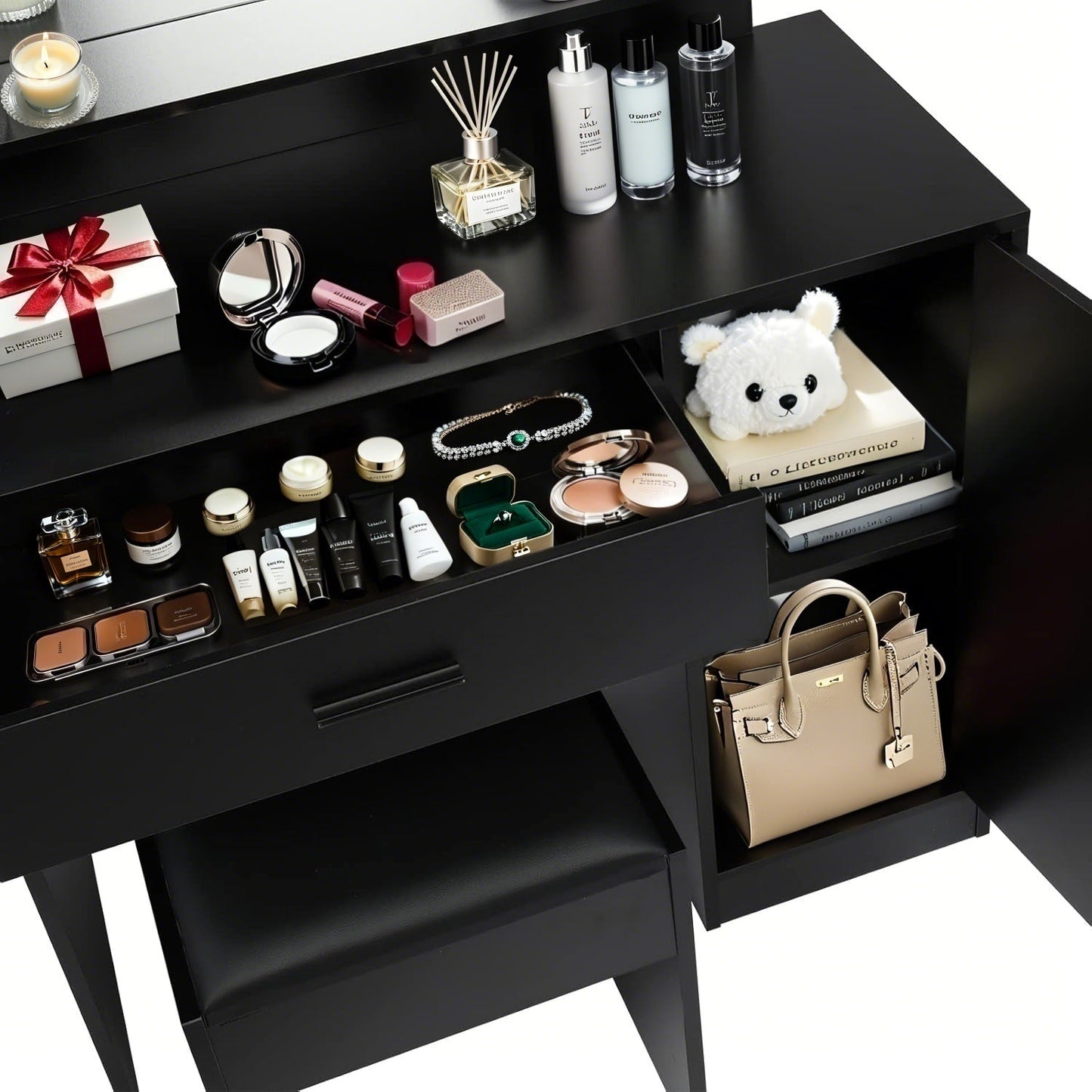 Vanity Desk with Mirror and Lights, Makeup Vanity with Drawer & Storage Cabinet, 3 Adjustable Lighting Colors, Makeup Desk with Open Shelves for Bedroom, Dressing Room, Black