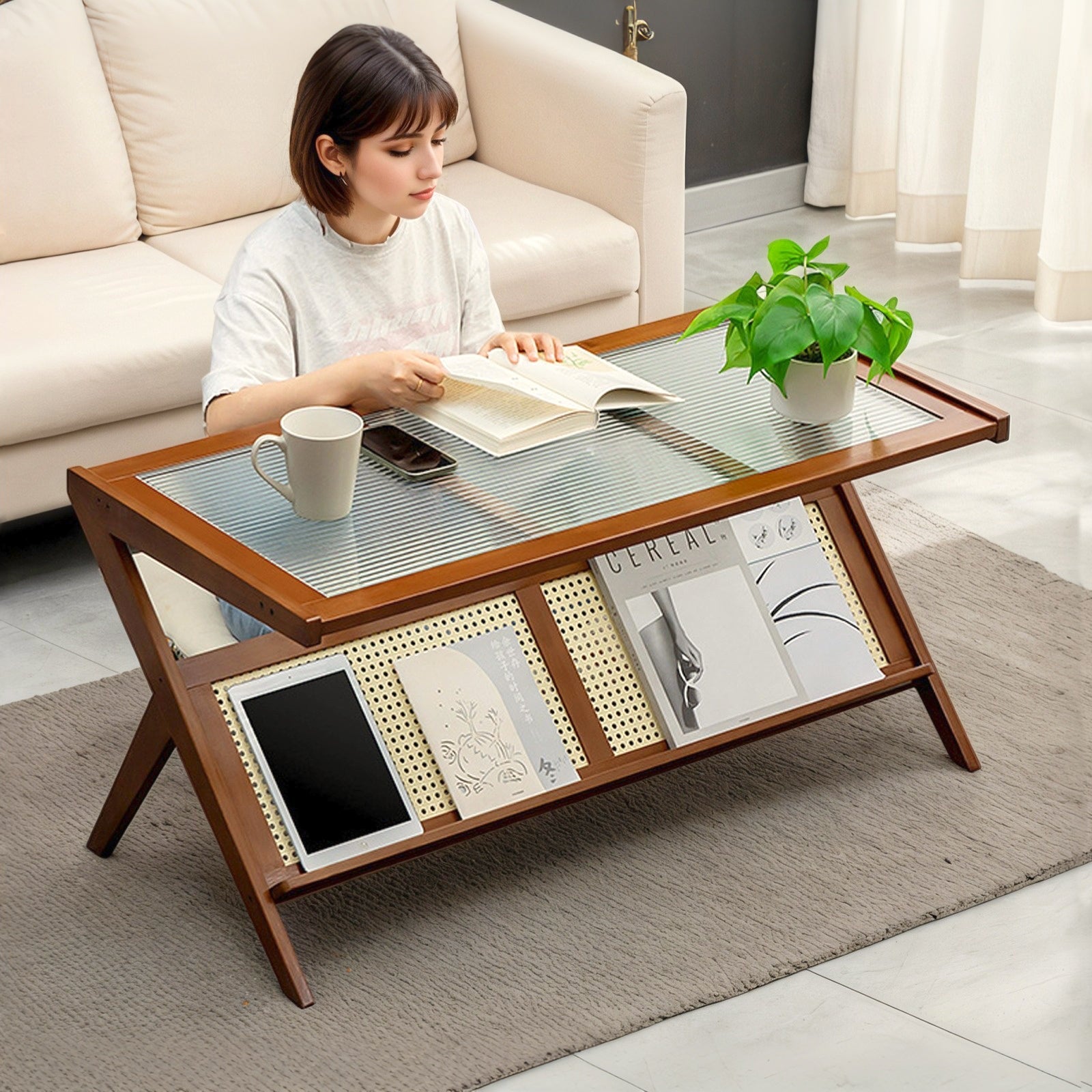 Kitchen Tools & Cookware: Rattan Coffee Tables for Living Room, Mid Century Modern Coffee Table with Glass Top, Large Boho Center Table with Storage, Brown by Streamdale Furniture