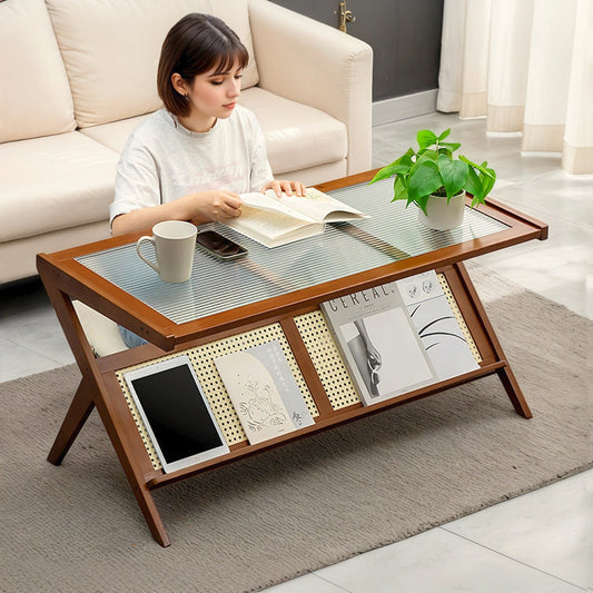 Kitchen Tools & Cookware: Rattan Coffee Tables for Living Room, Mid Century Modern Coffee Table with Glass Top, Large Boho Center Table with Storage, Brown by Streamdale Furniture