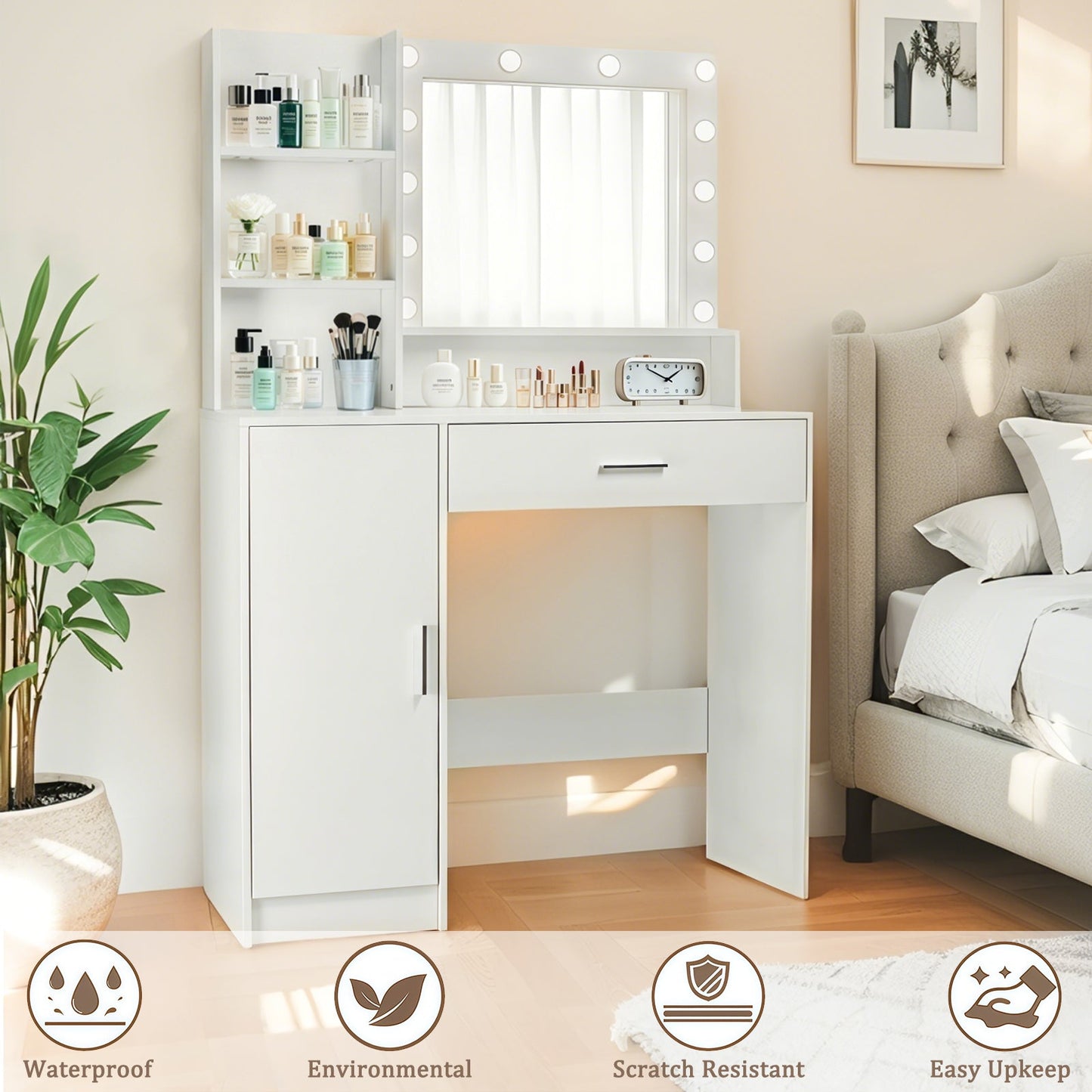 Vanity Desk with Mirror and Adjustable LED Lights, 3 Lighting Modes, Drawer and Storage Cabinet, White MDF