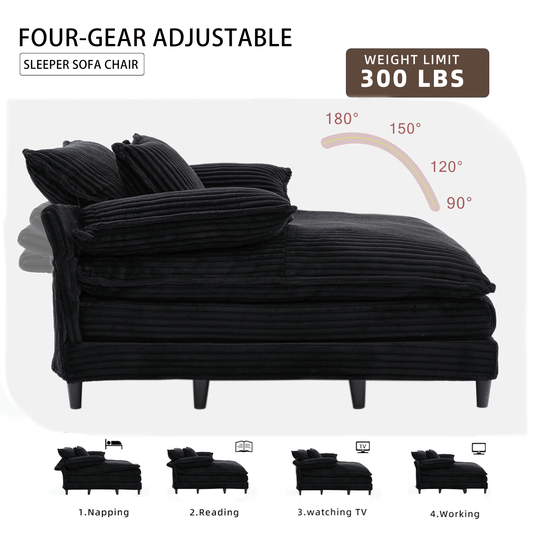 [NEW ARRIVED] [VIDEO PROVIDED] 54.75' W Oversized Chaise Lounge Chair,Fluffy cushioned sofa bed,Deep Seat,Corduroy,2 Pillows,4 gears can be adjusted,Leisure Sleeper Sofa Chair for Living Room, Black