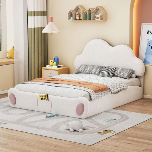 Bedroom Bedding & Decor: Queen size Cloud-shaped Headboard Upholstered Platform Bed with Rounded Footboard and Pocket, Beige by Streamdale Furniture