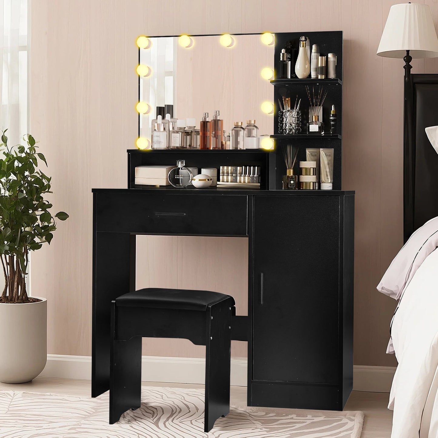 Vanity Desk with Mirror and Lights, Makeup Vanity with Drawer & Storage Cabinet, 3 Adjustable Lighting Colors, Makeup Desk with Open Shelves for Bedroom, Dressing Room, Black