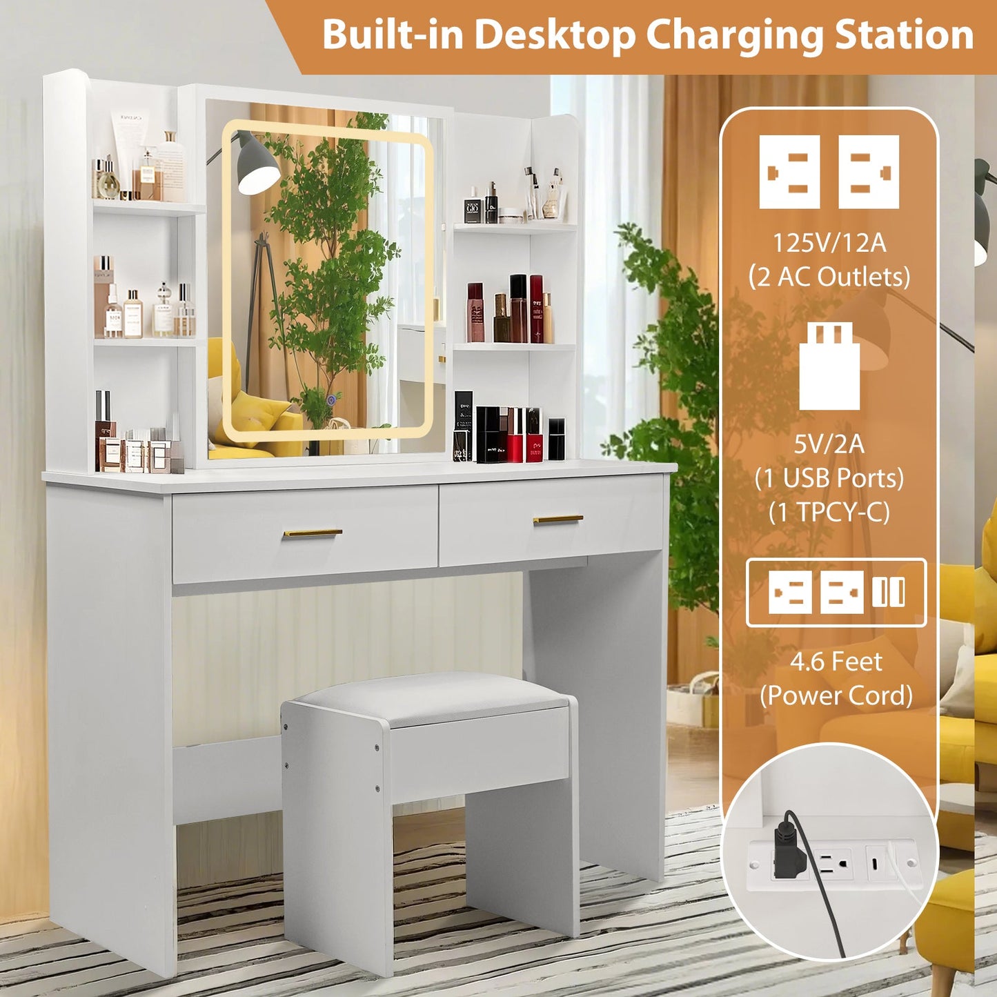 Vanity Desk with Mirror and LED Lights, 3 Lighting Modes and Power Outlet, 2 Spacious Drawers and Stool, White MDF