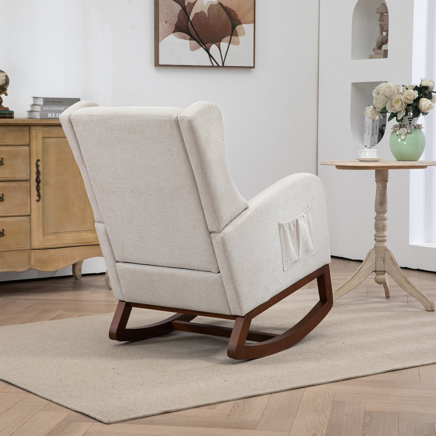 25.4'W Modern Rocking Chair for Nursery, Mid Century Accent Arm Rocker With Retractable Footrest, Side Pocket, Comfy Upholstered Wingback Wooden Glider Chair for Living Room Baby Kids Room. Beige