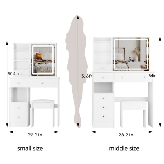 Smart Light Bulb: 37' Middle Size Left Drawer Desktop Vanity Table + Cushioned Stool, Large Sliding, Touch Control, Tri-color Switching, Brightness Adjust LED Mirror, High Capacity Storage, Suitable for Large Space by Streamdale Furniture