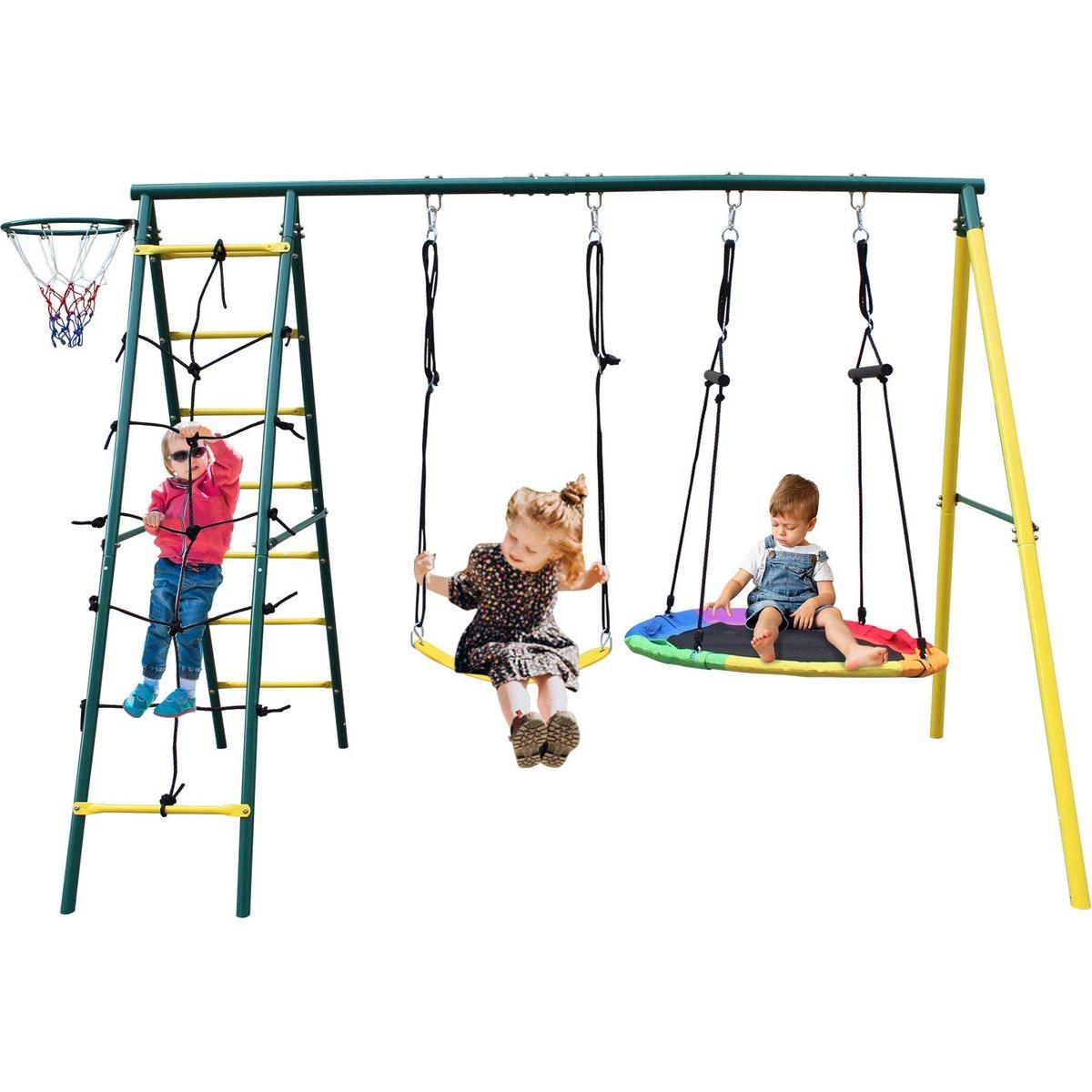 Garden & Outdoor: Indoor/Outdoor Metal Swing Set with Safety Belt for Backyard by Streamdale Furniture