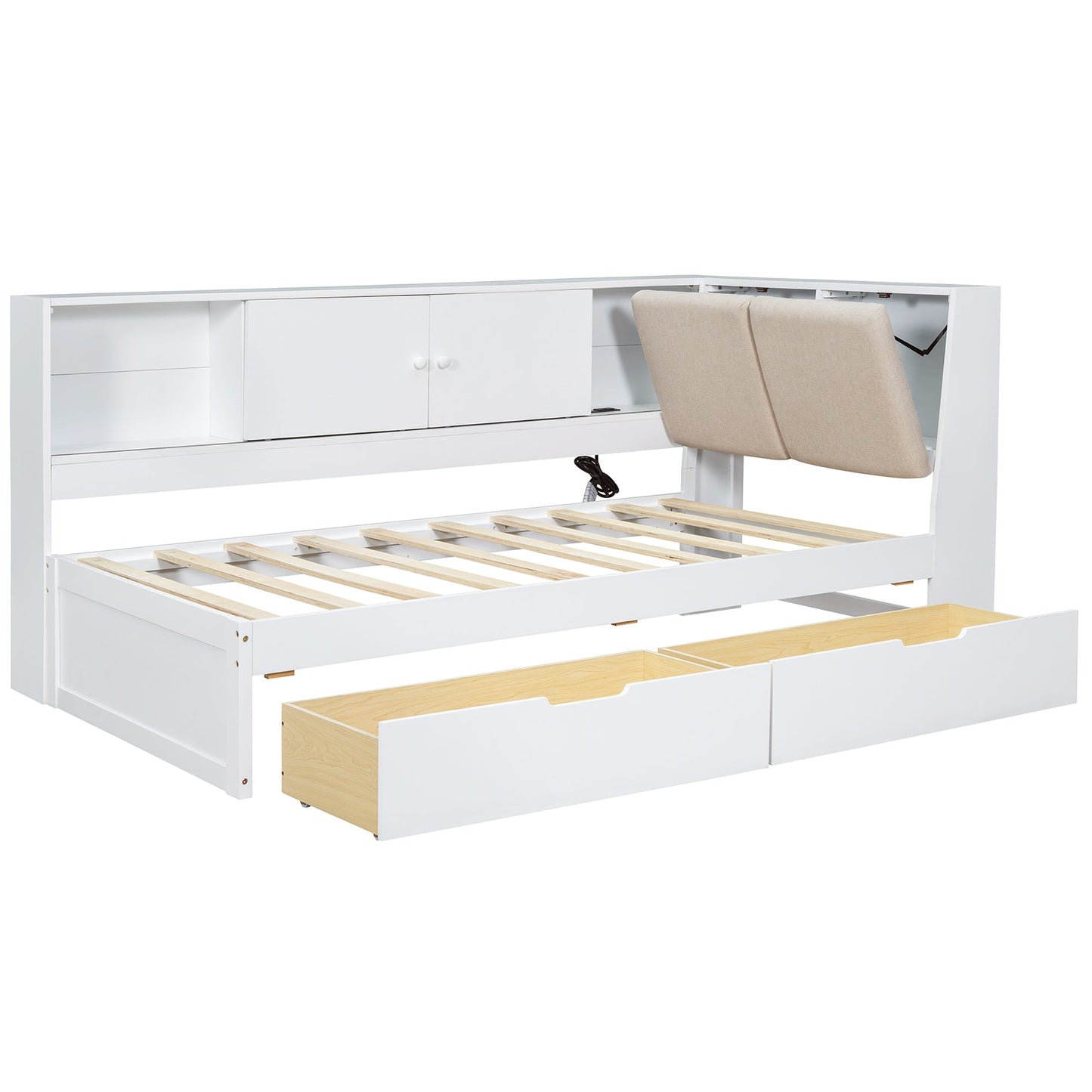Wooden Twin Size L-shaped Daybed Corner Bed Under-bed Drawers  with Storage Bookcase and Upholstered Headboard and USB Charging Ports for Limited Space,White