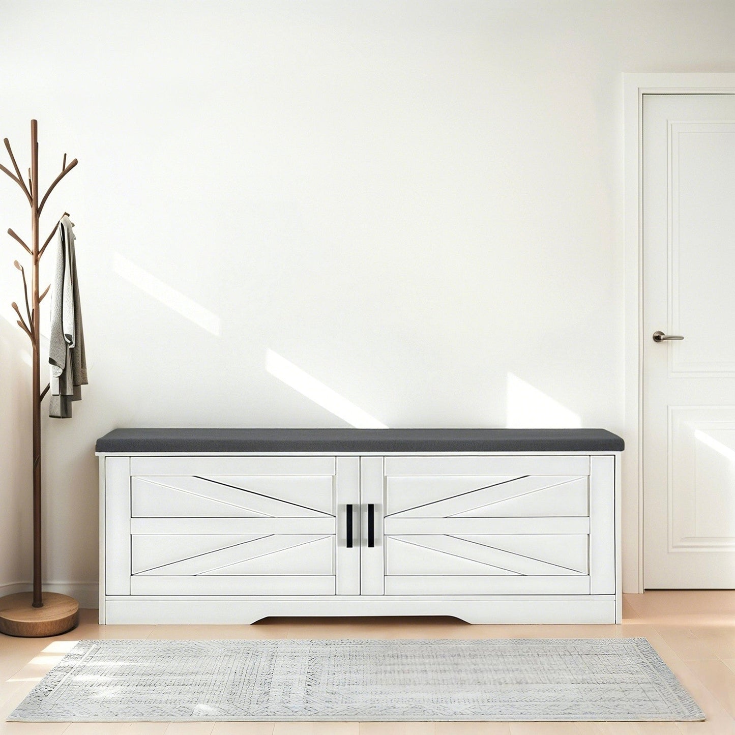 2 Tier Shoe Bench with Padded Seat, 2 Barn Doors and Adjustable Shelves, for Entryway and Living Room, White MDF