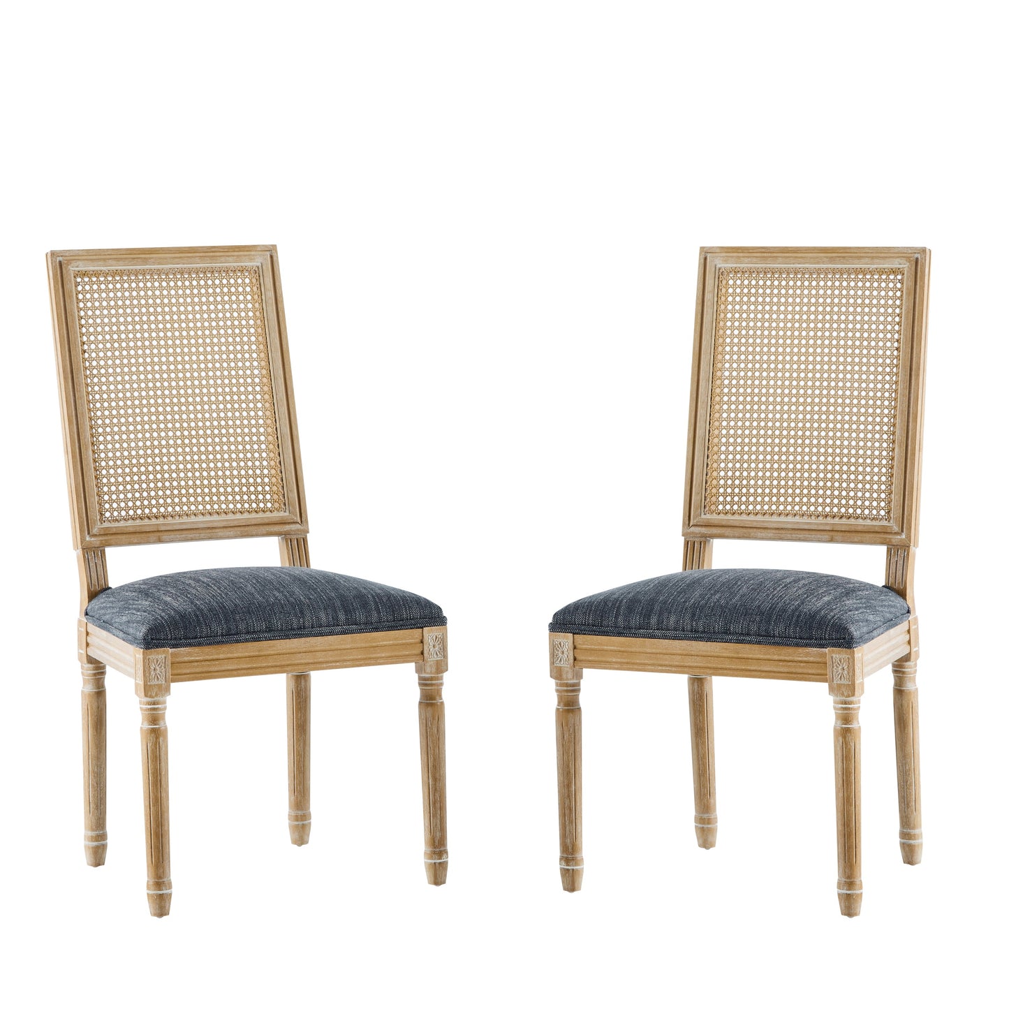 Vintage Inspired French Country Dining Chairs Set of 2 with Cane Backrest & Upholstered Seats in Rustic Weathered Finish