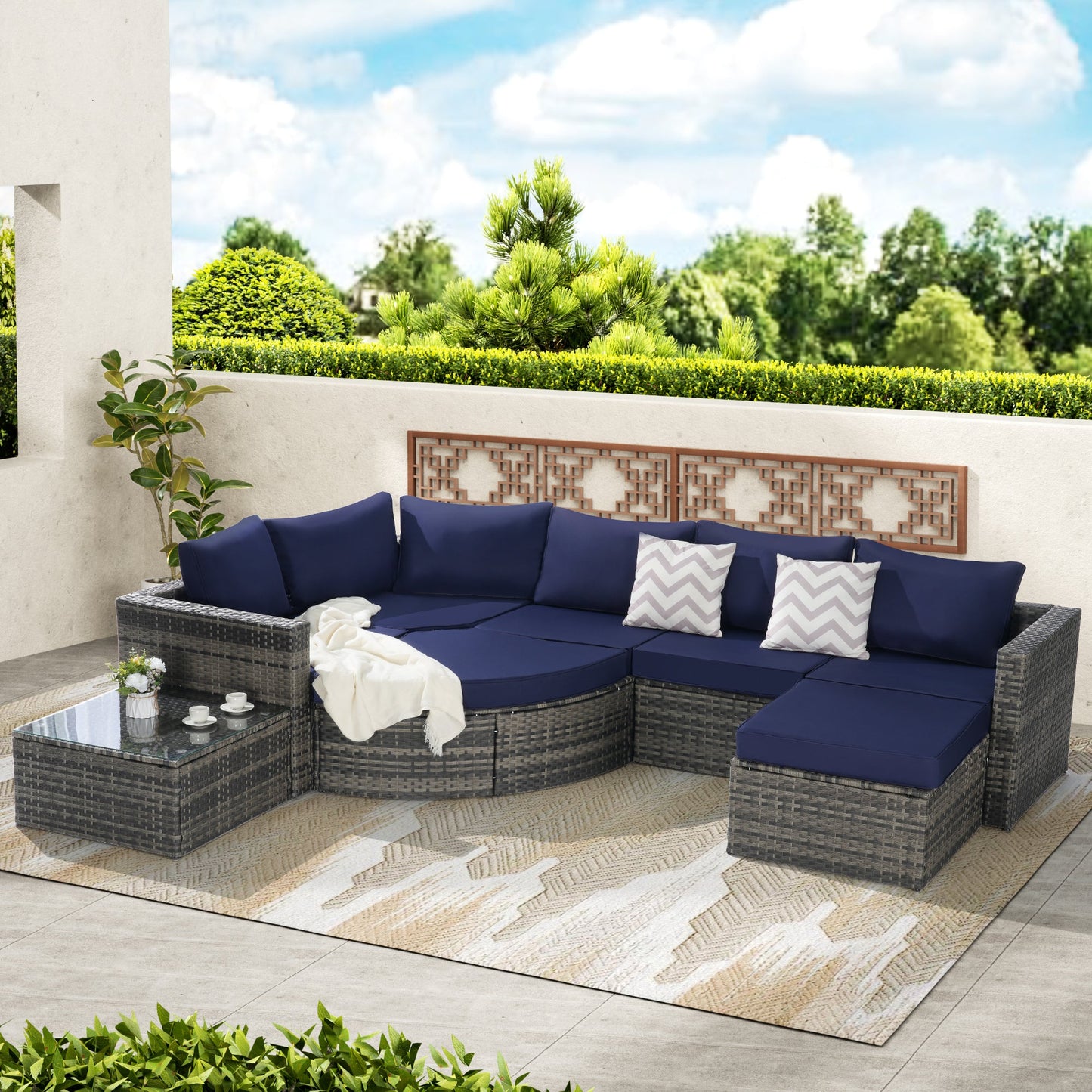 Garden & Outdoor: 8 Piece Outdoor Patio Sofa Set, Sectional L- Shaped Patio Furniture Wicker Patio Conversation Set with Curved Sofa  Ottoman & Glass Top Table for Backyard Poolside by Streamdale Furniture