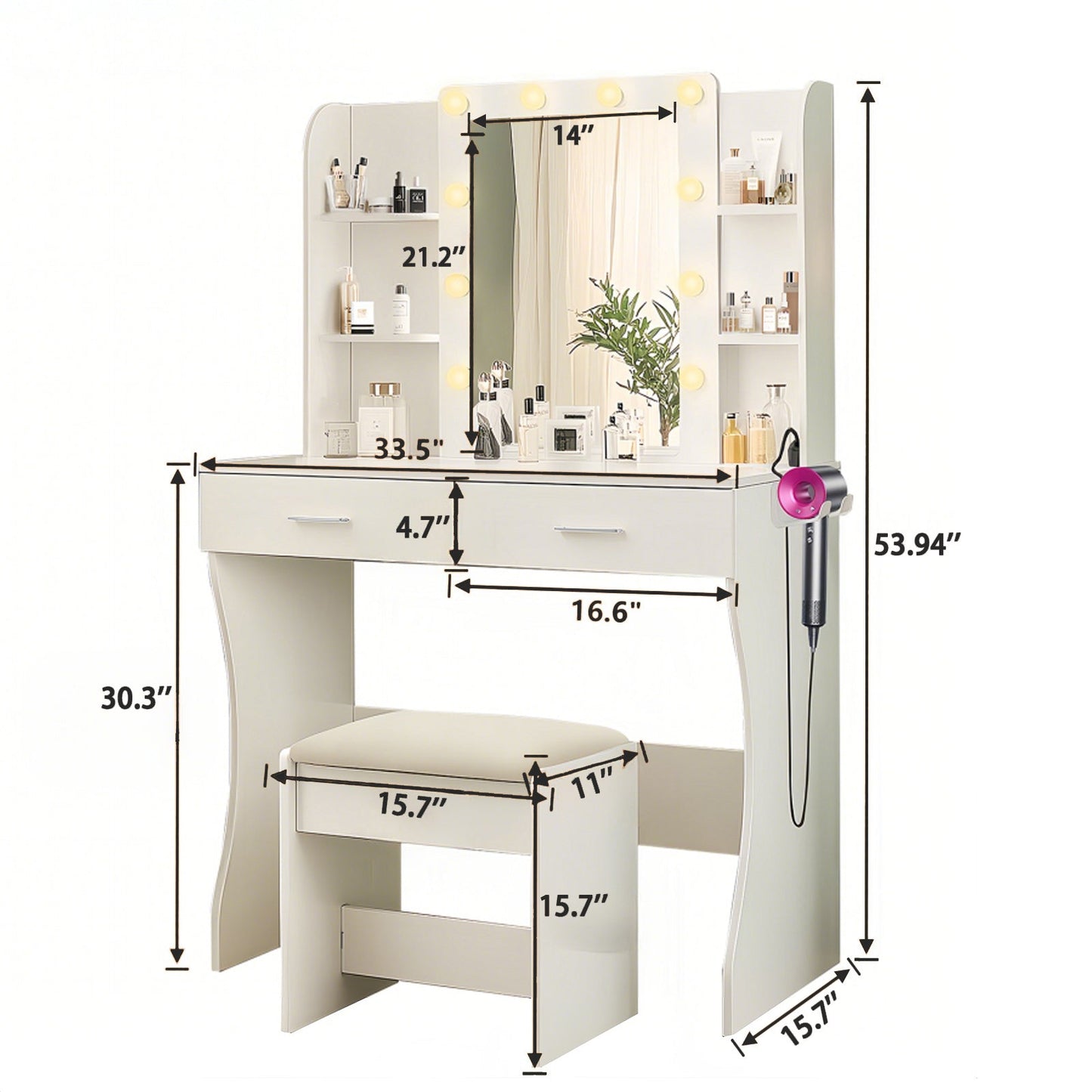Vanity Desk Set with Mirror & Adjustable Lights, Power Outlet and Hair Dryer Rack, 2 Drawers and 6 Shelves, Includes Cushioned Stool, White MDF