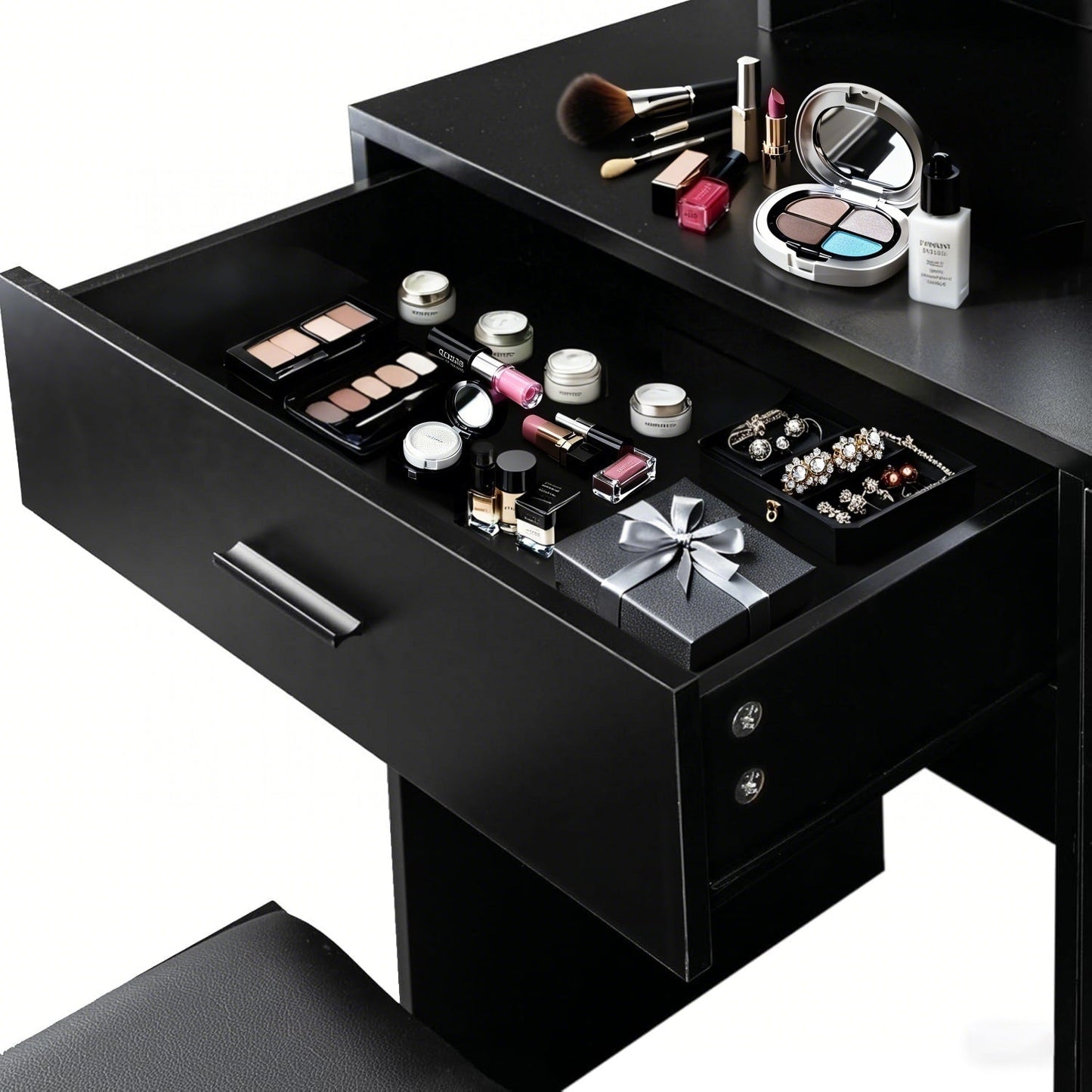 Vanity Desk with Mirror and Lights, Makeup Vanity with Drawer & Storage Cabinet, 3 Adjustable Lighting Colors, Makeup Desk with Open Shelves for Bedroom, Dressing Room, Black