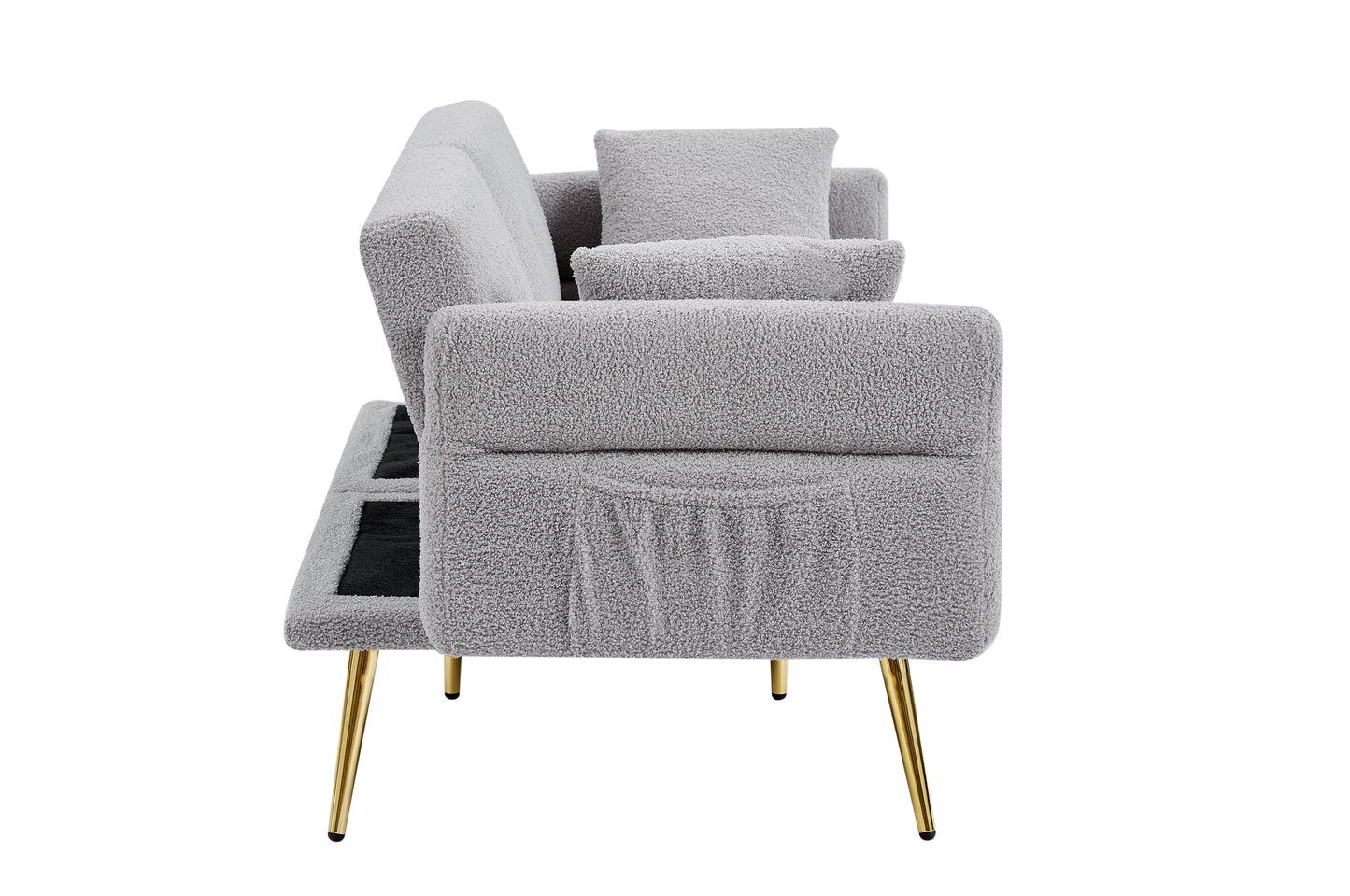 Home Office Accessories: Modern Teddy Upholstered Accent Loveseat Sofa With Side Pocket,Folding Sleeper Sofa Bed With Foldable Armrest , Adjustable Backrest and Golden Metal Legs for Living Room,Grey by Streamdale Furniture