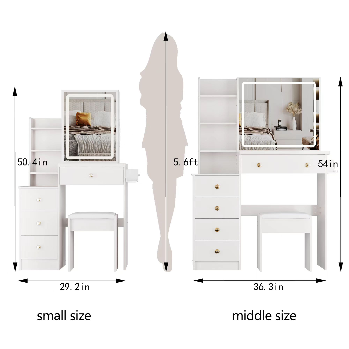 29.2' Small Size Left Bedside Cabinet Vanity Table + Cushioned Stool, 2 AC+2 USB Power Station, Hair dryer bracket, Extra Large Touch Control Sliding LED Mirror, Tri-color Switching, Brightness Adjust