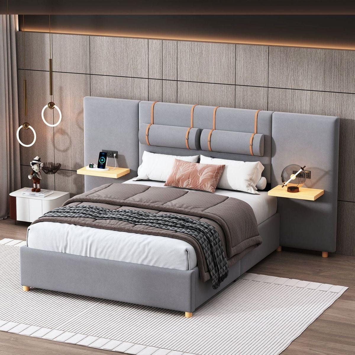 Bedroom Bedding & Decor: Full size upholstered platform bed with two outlets and USB charging ports on both sides, two bedside pillows, storage shelf, Velvet,Gray by Streamdale Furniture