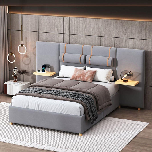 Bedroom Bedding & Decor: Full size upholstered platform bed with two outlets and USB charging ports on both sides, two bedside pillows, storage shelf, Velvet,Gray by Streamdale Furniture