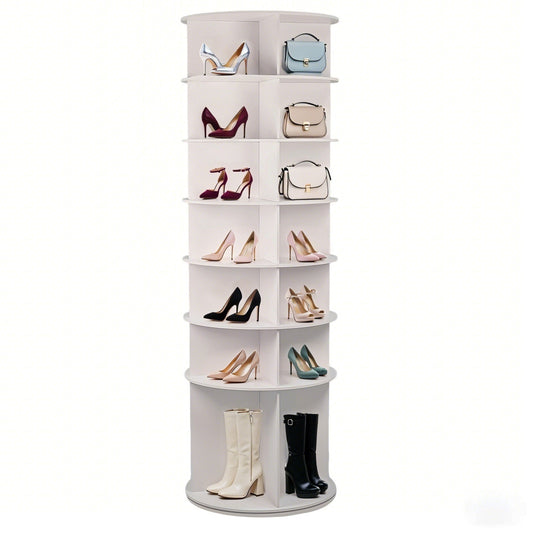 Kitchen Tools & Cookware: 7 Tier Rotating Shoe Rack with High Base Design, Freestanding 360° Organizer for 28 Pairs , White PVC by Streamdale Furniture