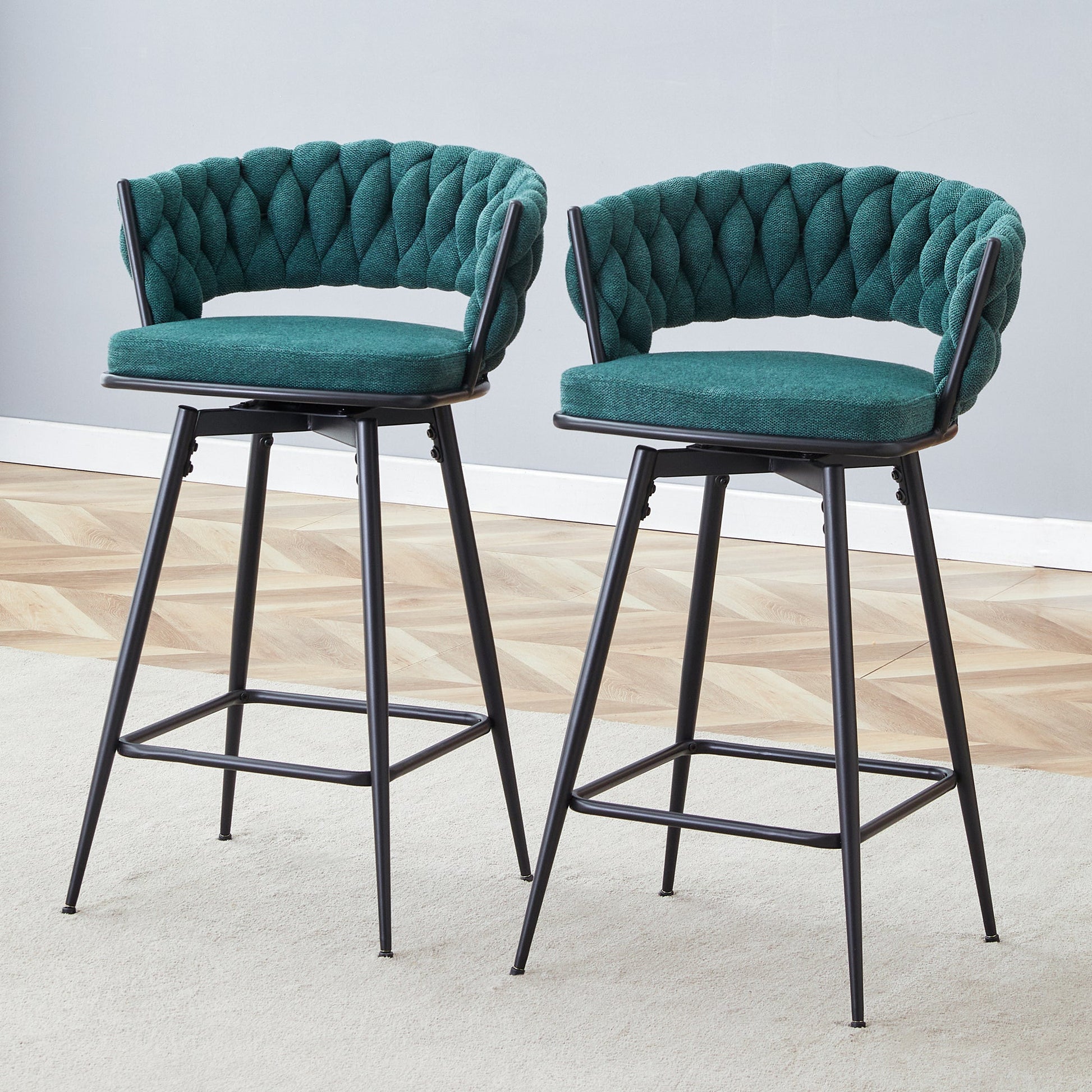 Area Rug: Two rotating bar stools with breathable cotton and linen soft cushions, in a retro green seat and black spray-painted iron frame, suitable for both restaurants and bars by Streamdale Furniture
