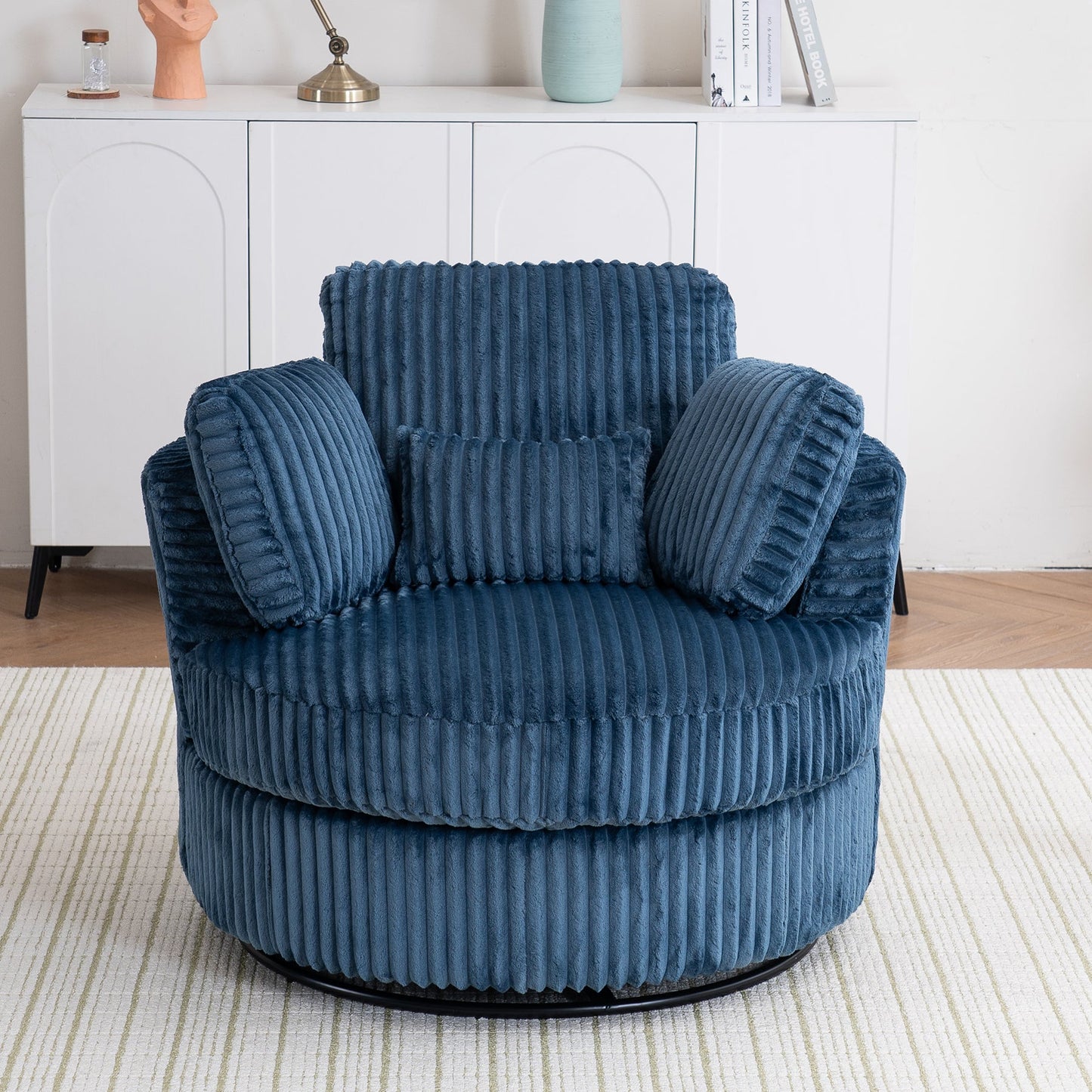 Bedroom Bedding & Decor: Oversized 360 Degreed Swivel Accent Chair Modern Soft Plush Corduroy Round Barrel Chair for Living Room Bedroom with Pillows, Blue by Streamdale Furniture