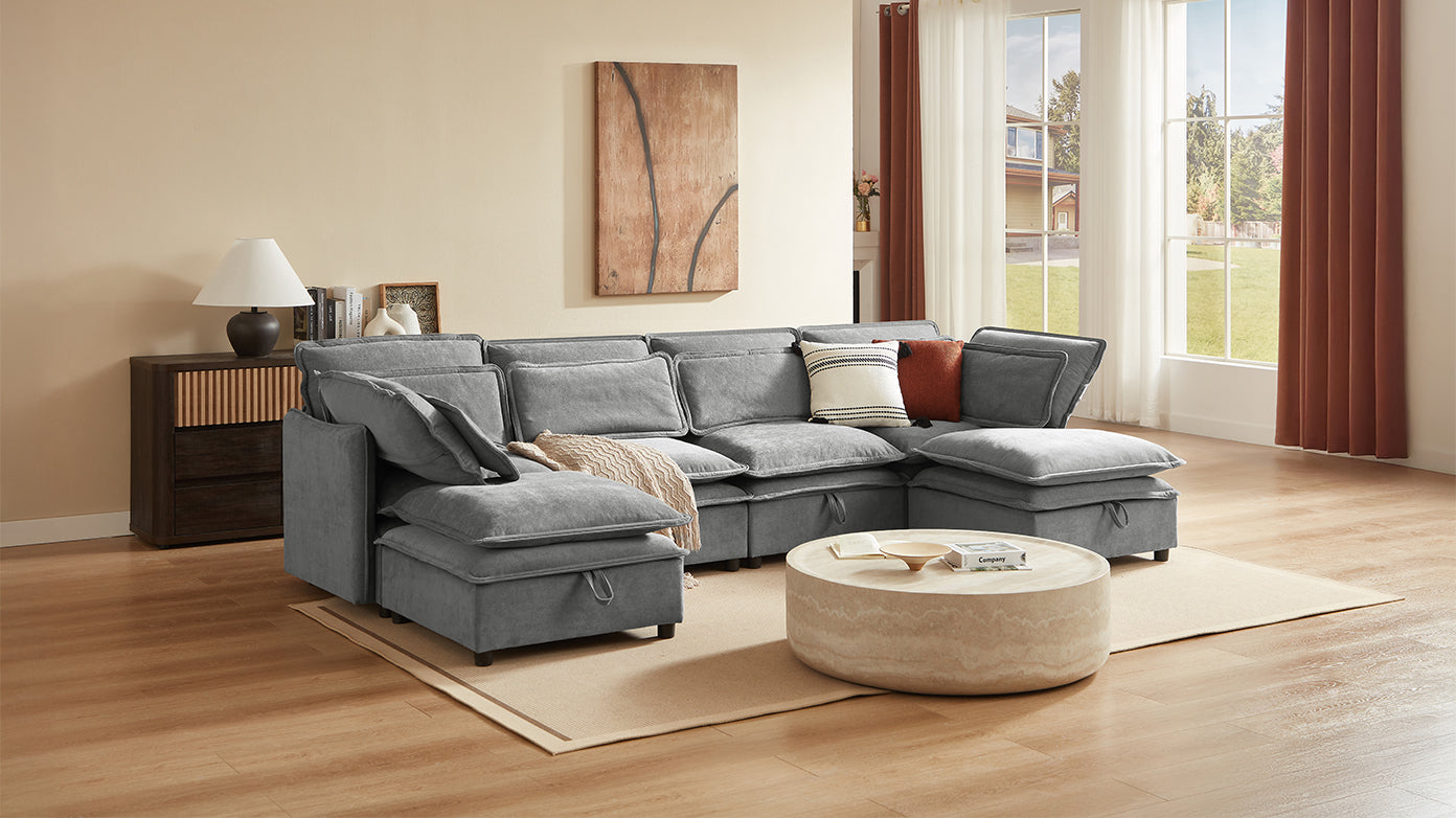 U_Style Double-Layer Cushion Modern Large U-Shaped Modular Sofa, Freely Combinable 6-Seater with Storage Function, Convertible to Sofa Bed, Perfect for Living Rooms, Offices, and Apartments