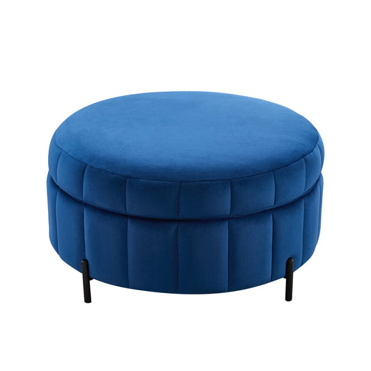 Area Rug: 31.5'W Upholstered Round Ottoman With Reversible Lid, Velvet Storage Stool, Channel Tufted Pumpkin-shape Footstool for Living room, Bedroom and Office, Navy by Streamdale Furniture