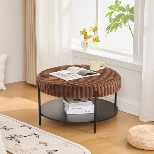 Upholstered Round Ottoman Coffee Table Foot Rest with Black Metal Legs, Brown Faux Fur, 30.9'