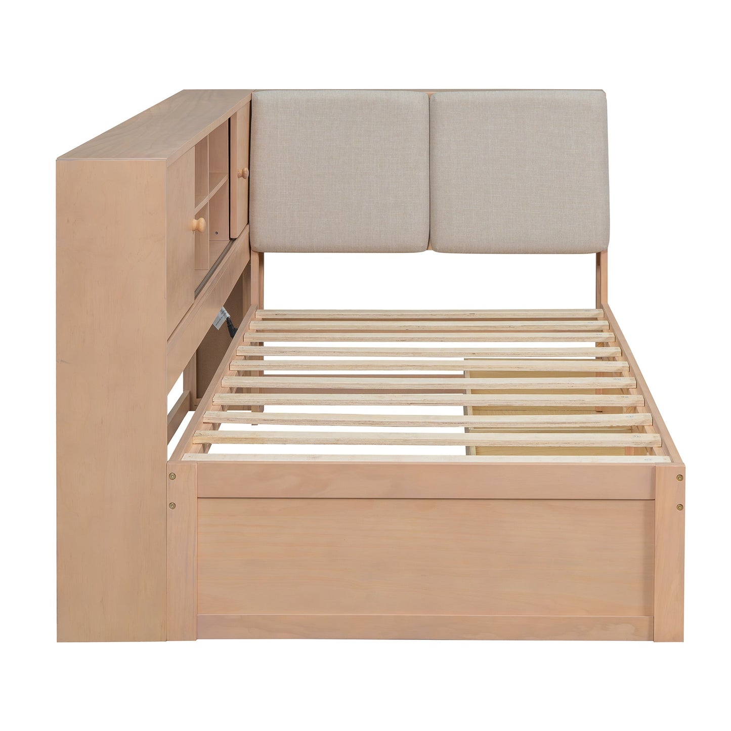 Wooden Twin Size L-shaped Daybed Corner Bed Under-bed Drawers  with Storage Bookcase and Upholstered Headboard and USB Charging Ports for Limited Space,Natural
