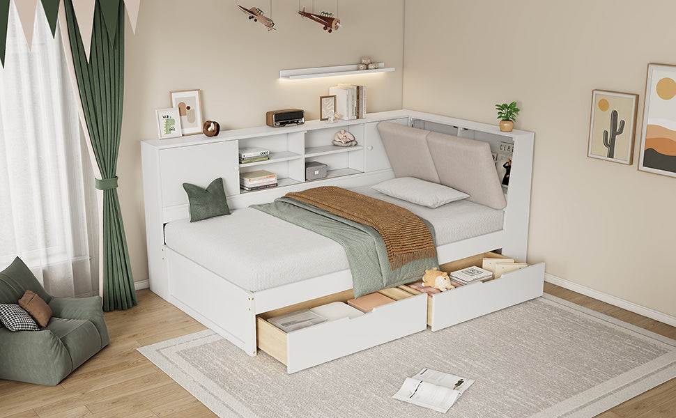 Wooden Twin Size L-shaped Daybed Corner Bed Under-bed Drawers  with Storage Bookcase and Upholstered Headboard and USB Charging Ports for Limited Space,White