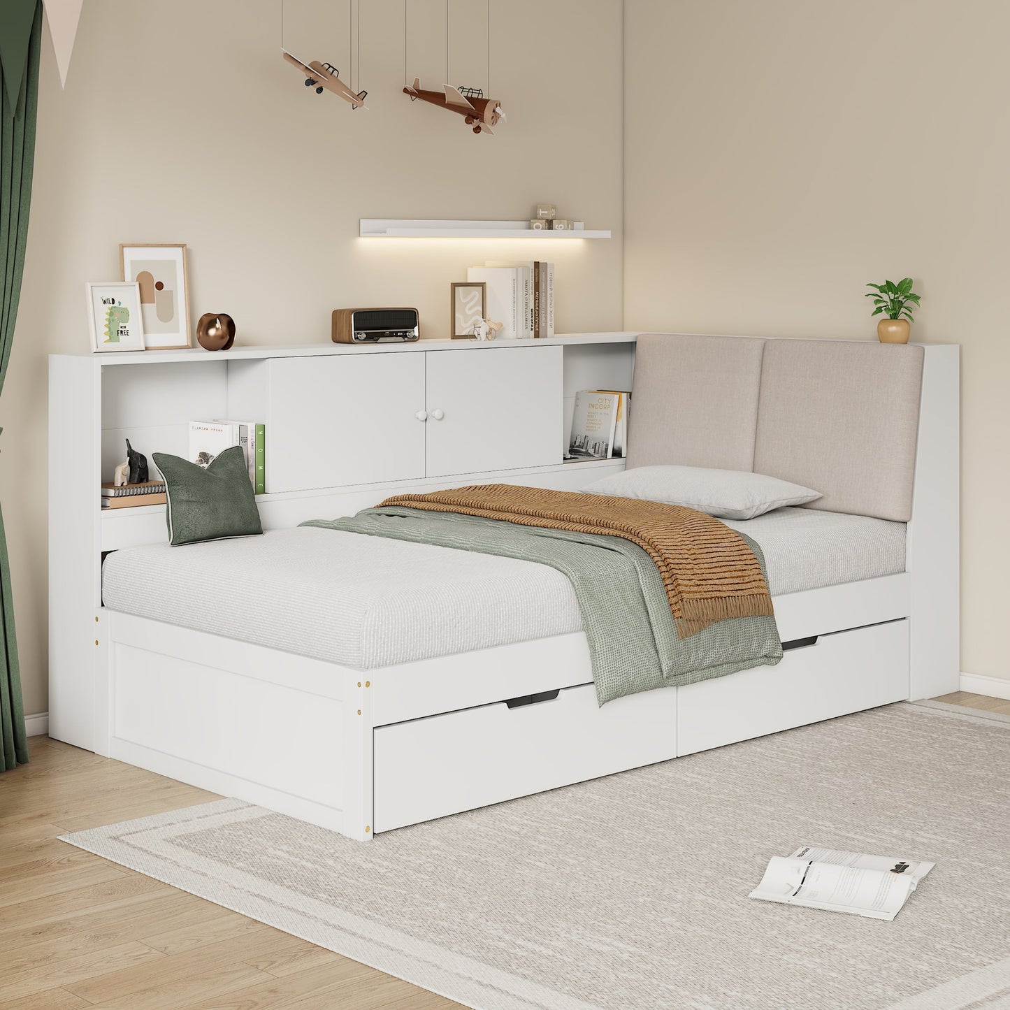 Wooden Twin Size L-shaped Daybed Corner Bed Under-bed Drawers  with Storage Bookcase and Upholstered Headboard and USB Charging Ports for Limited Space,White