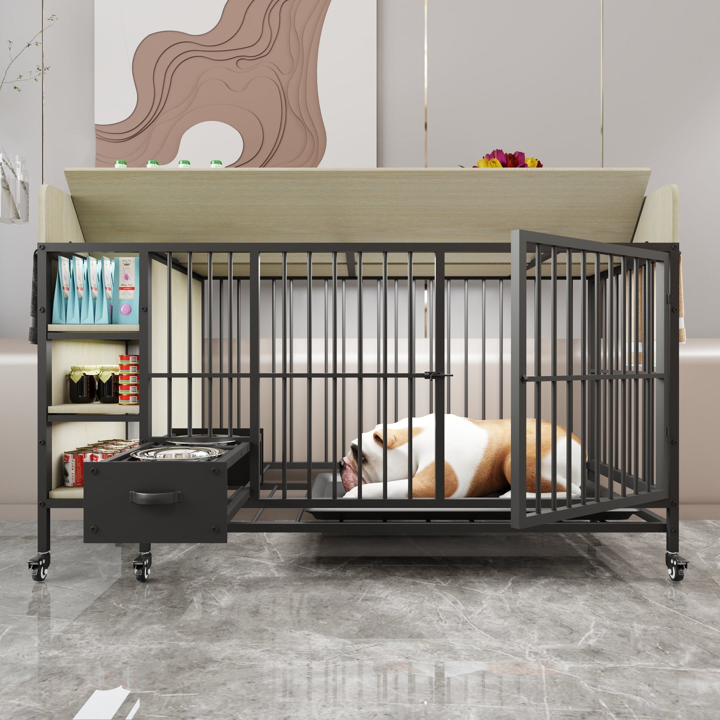 Kitchen Tools & Cookware: Large pet cage with storage rack, drawers with stainless steel food and water basin, made of iron frame and MDF material, sturdy, exquisite, and practical (black+beige) by Streamdale Furniture