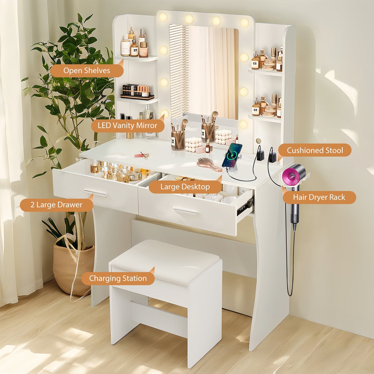 Vanity Desk Set with Mirror & Adjustable Lights, Power Outlet and Hair Dryer Rack, 2 Drawers and 6 Shelves, Includes Cushioned Stool, White MDF