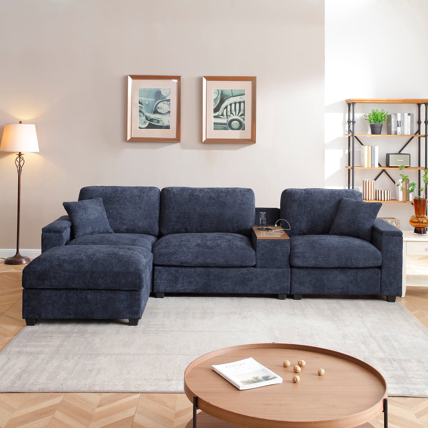 120.3'Sectional Sofa ,L-Shaped Oversized Couch ,Comfy Cloud Couch Set with Drop Down Table,360-degree Swivel tray ,Cup Holders,USB Charger,Storage Ottoman and Armrest,Wide Seat Sofa for Living room