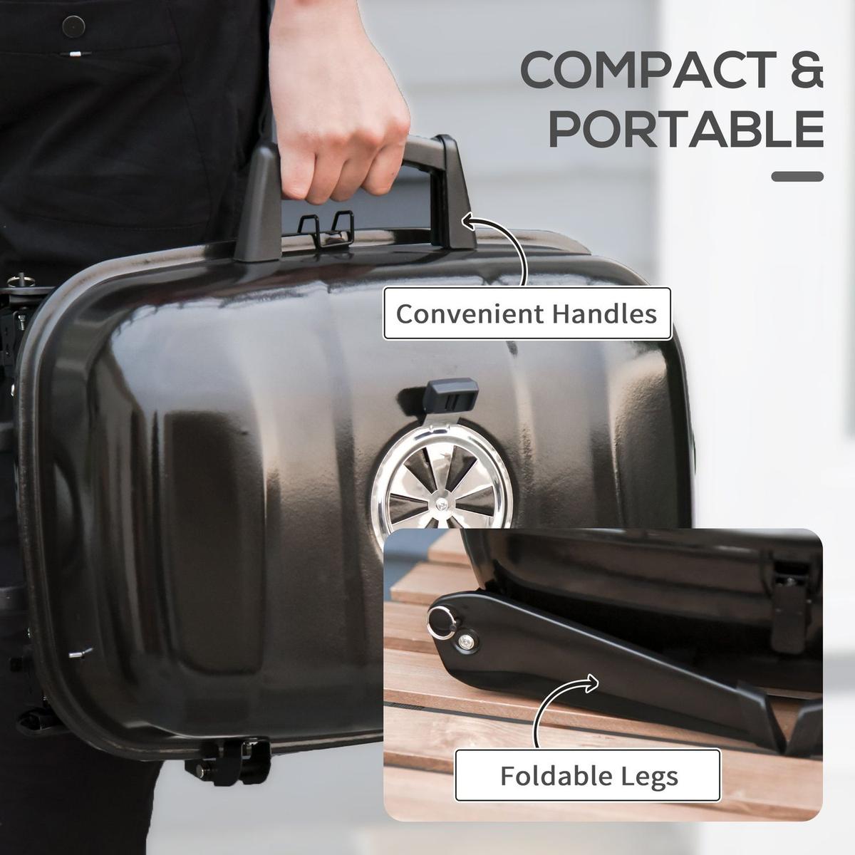 14" Portable Charcoal Grill, Tabletop Small BBQ Grill for Outdoor Cooking, Camping, Tailgating, Enamel Coated, Vent, Folding Legs, Black