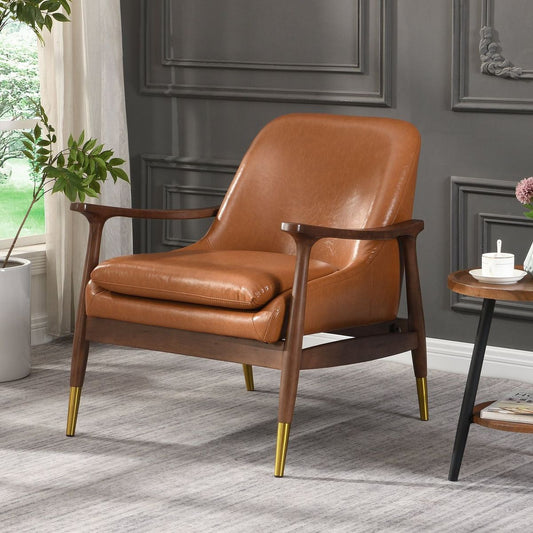 29.2" Mid-Century Faux Leather Accent Chair with Cushioned Seat, Solid Wood Frame, and Brass-Tipped Legs 鈥?Perfect for Living Room, Bedroom, or Office Lounge"