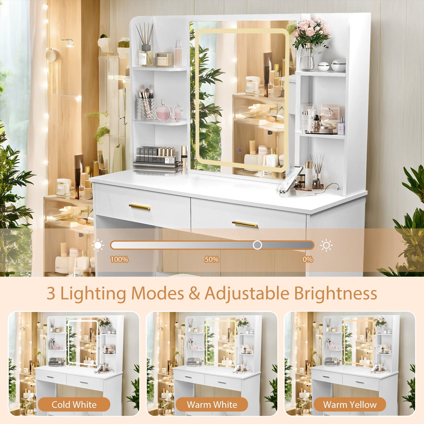 Vanity Desk with Mirror and LED Lights, 3 Lighting Modes and Power Outlet, 2 Spacious Drawers and Stool, White MDF
