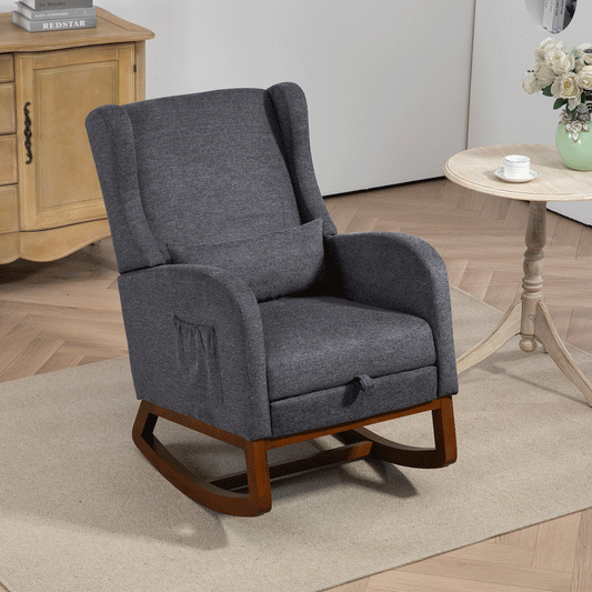 25.4'W Modern Rocking Chair for Nursery, Mid Century Accent Arm Rocker With Retractable Footrest, Side Pocket, Comfy Upholstered Wingback Wooden Glider Chair for Living Room Baby Kids Room. Charcoal