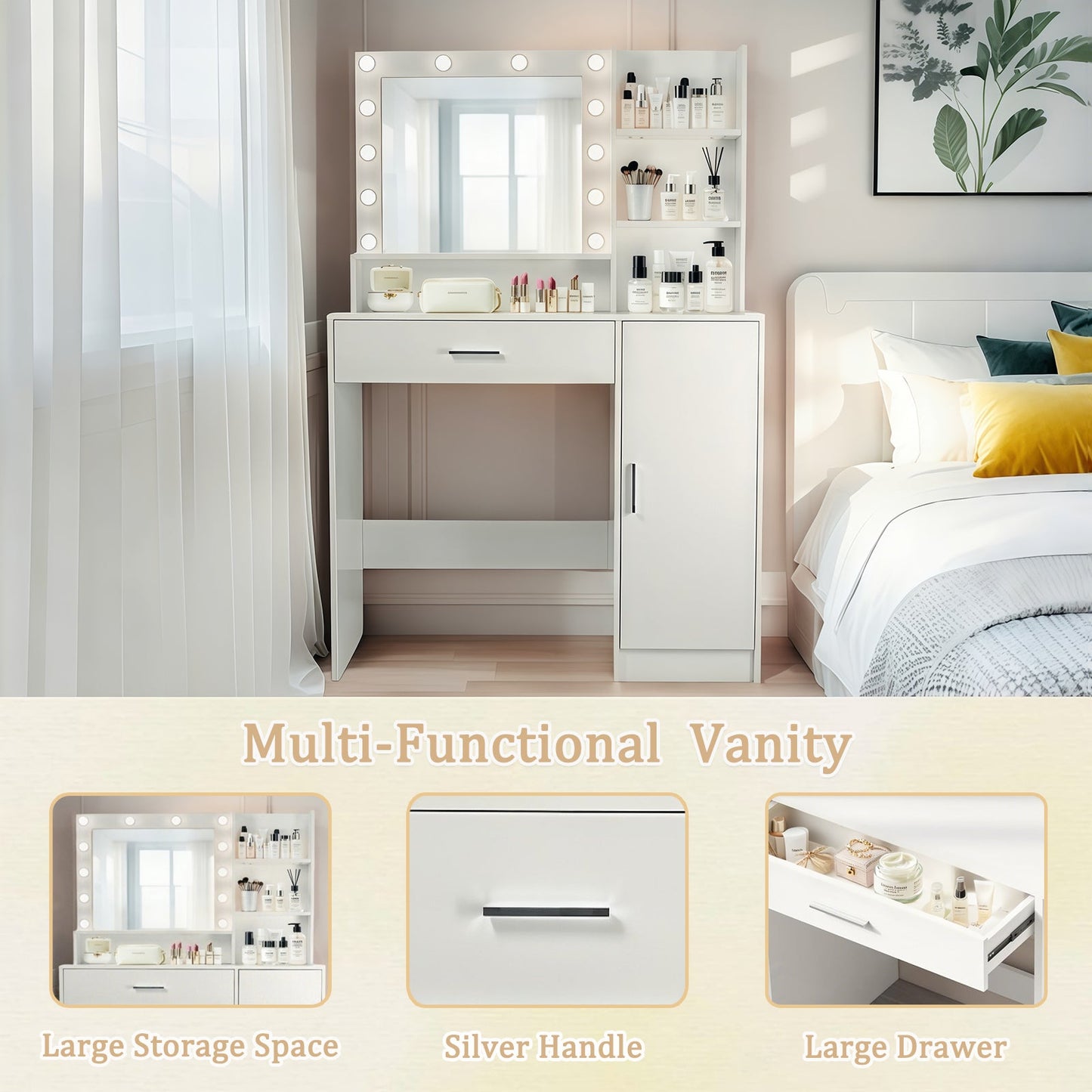 Vanity Desk with Mirror and Adjustable LED Lights, 3 Lighting Modes, Drawer and Storage Cabinet, White MDF