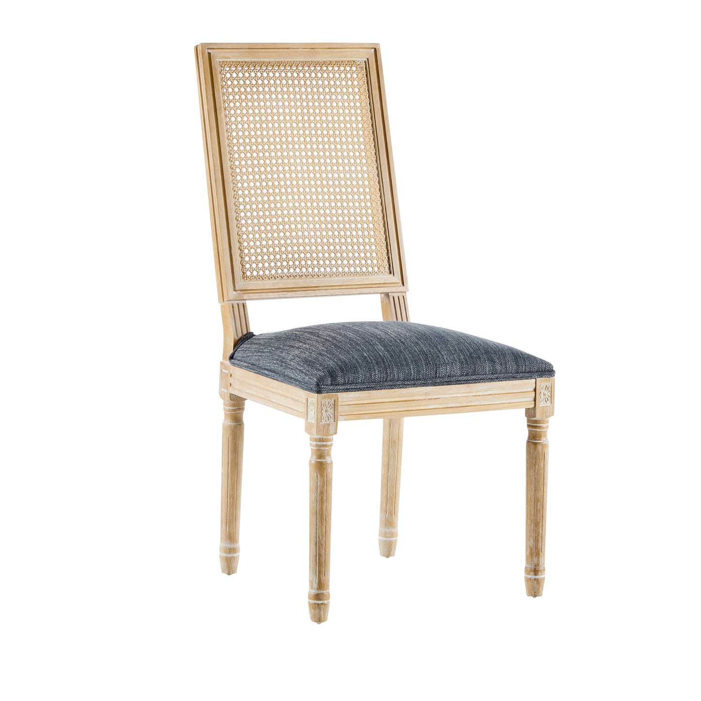 Vintage Inspired French Country Dining Chairs Set of 2 with Cane Backrest & Upholstered Seats in Rustic Weathered Finish