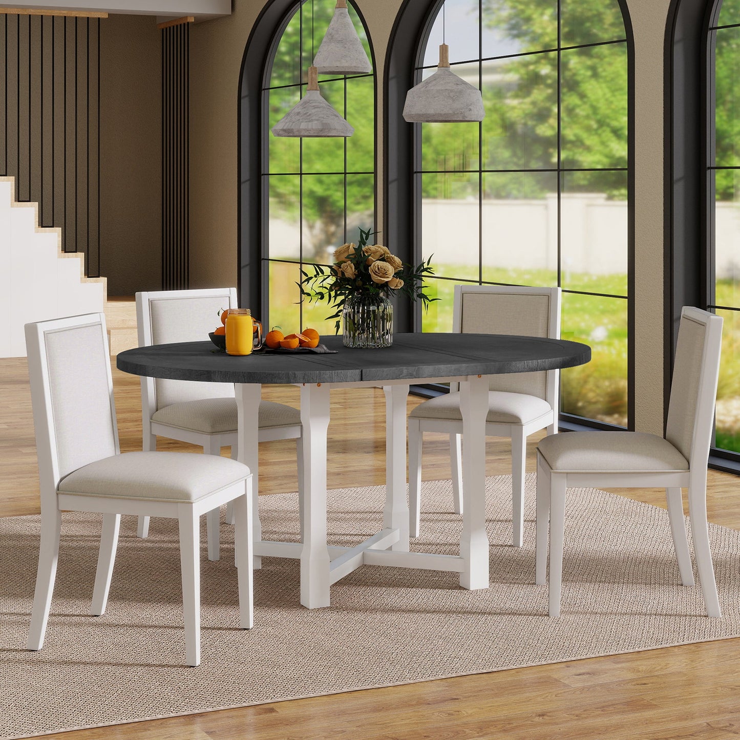 Dining & Tableware: TREXM 5-Piece Extendable Dining Table Set for 4, Round Dining Table for 4 with Upholstered Chairs, Farmhouse Kitchen Table Set with Removable Leaf for Dining Room and Kitchen (Grey+White) by Streamdale Furniture