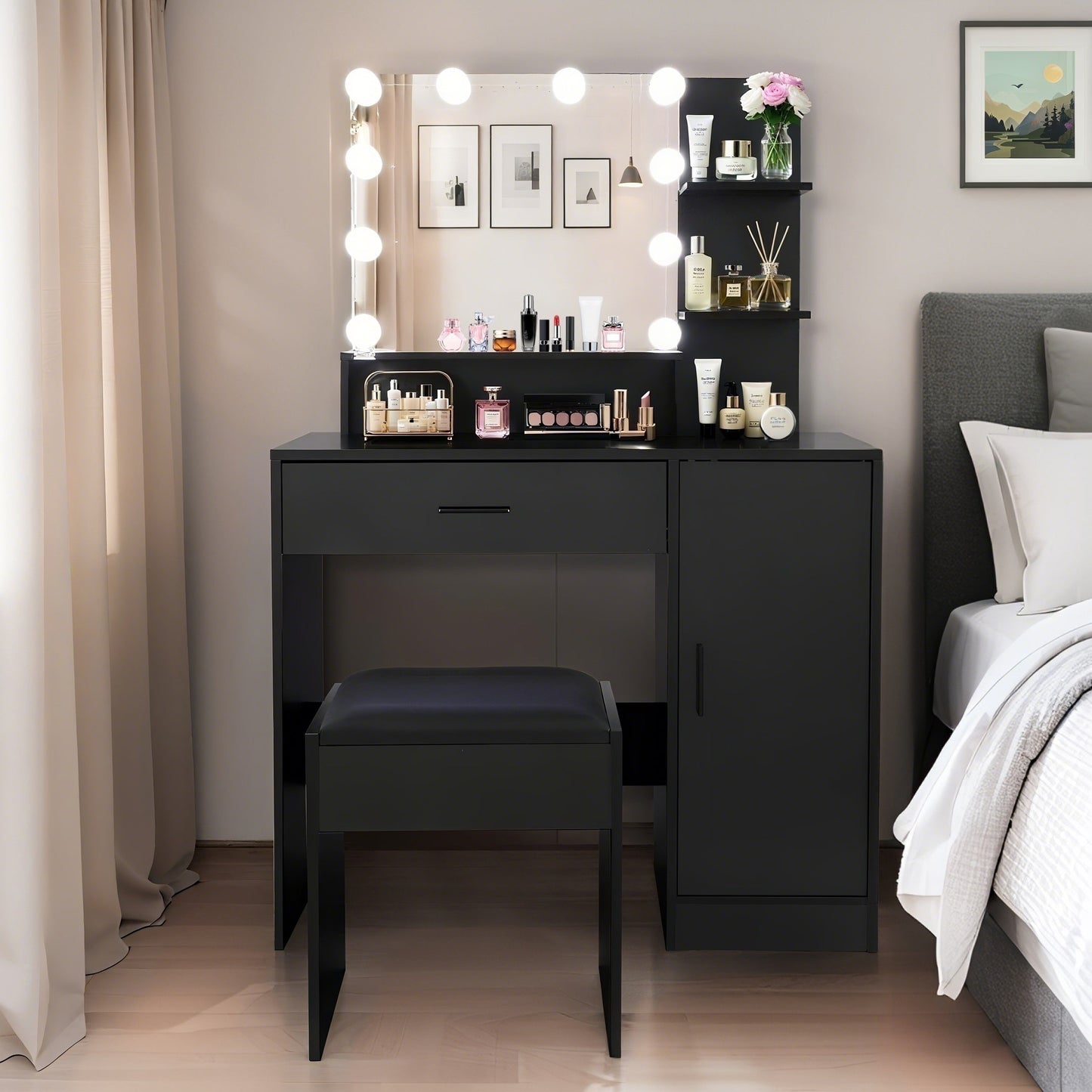 Vanity Desk with Mirror and Lights, Makeup Vanity with Drawer & Storage Cabinet, 3 Adjustable Lighting Colors, Makeup Desk with Open Shelves for Bedroom, Dressing Room, Black