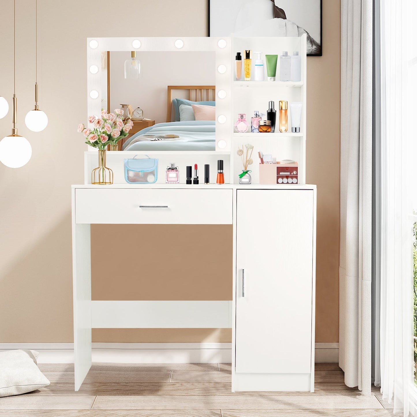 Vanity Desk with Mirror and Adjustable LED Lights, 3 Lighting Modes, Drawer and Storage Cabinet, White MDF