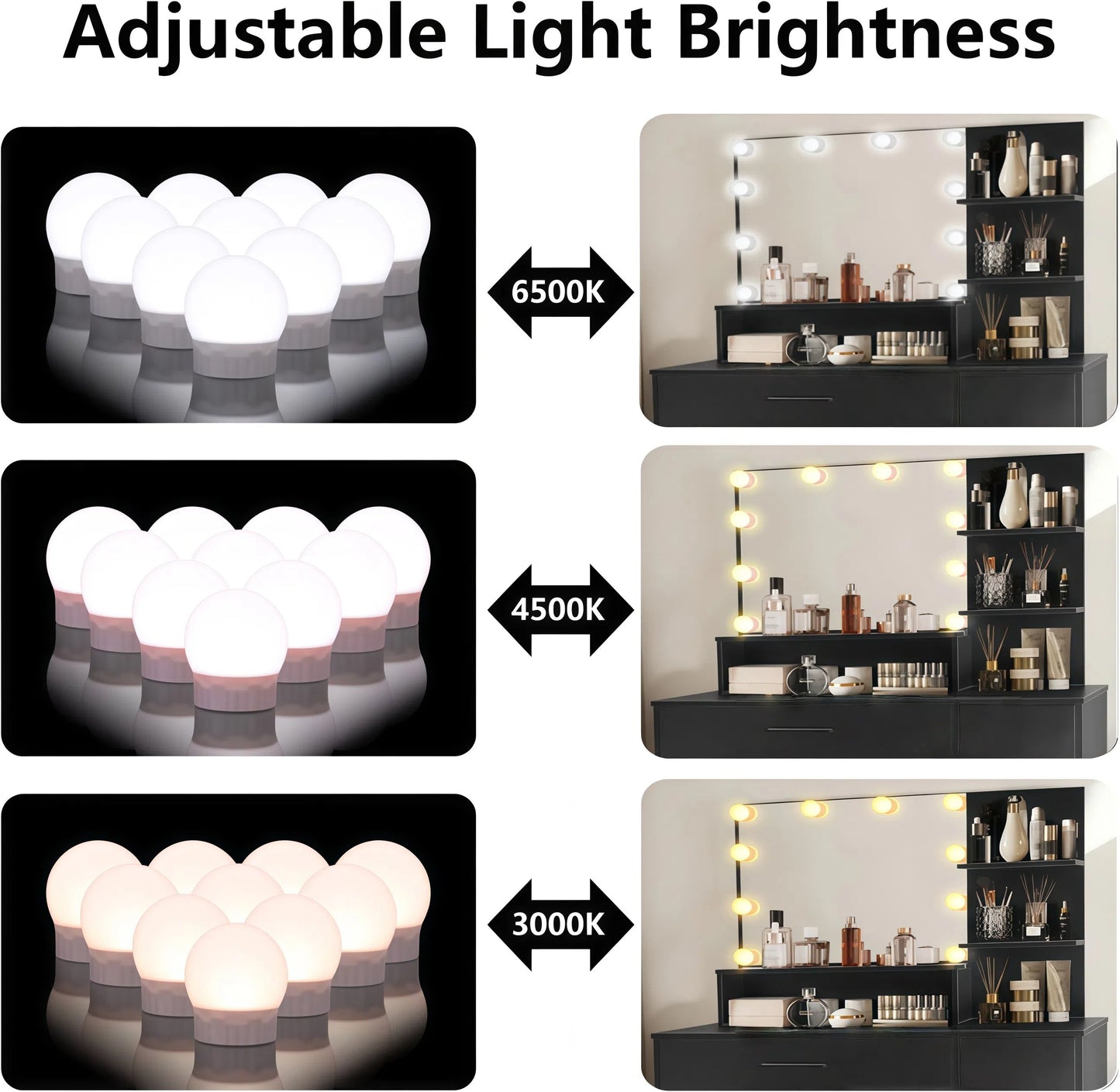 Vanity Desk with Mirror and Lights, Makeup Vanity with Drawer & Storage Cabinet, 3 Adjustable Lighting Colors, Makeup Desk with Open Shelves for Bedroom, Dressing Room, Black
