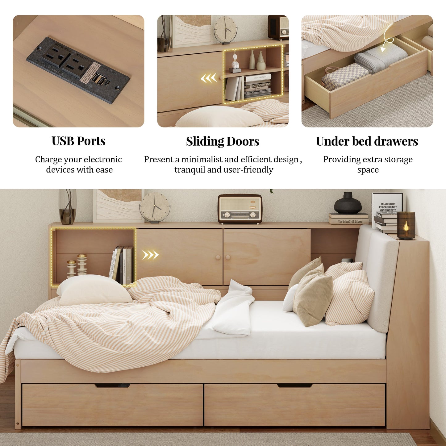 Wooden Twin Size L-shaped Daybed Corner Bed Under-bed Drawers  with Storage Bookcase and Upholstered Headboard and USB Charging Ports for Limited Space,Natural