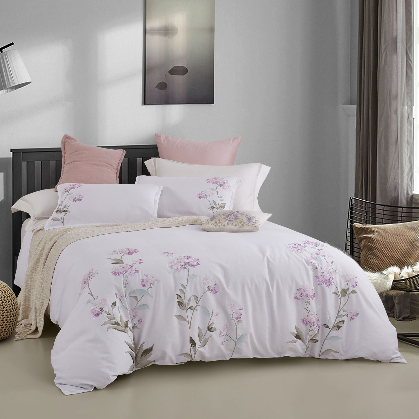 Hydrangea 100% Cotton Embroidered Duvet Cover Set