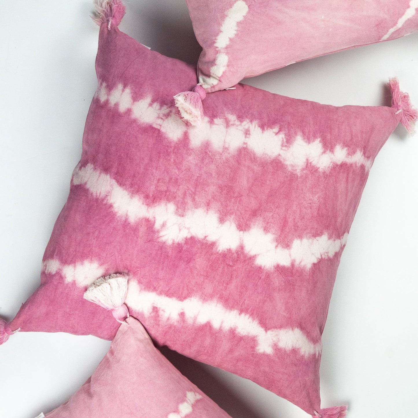 Pink Natural Dyed Shibori Tassel Square Pillow